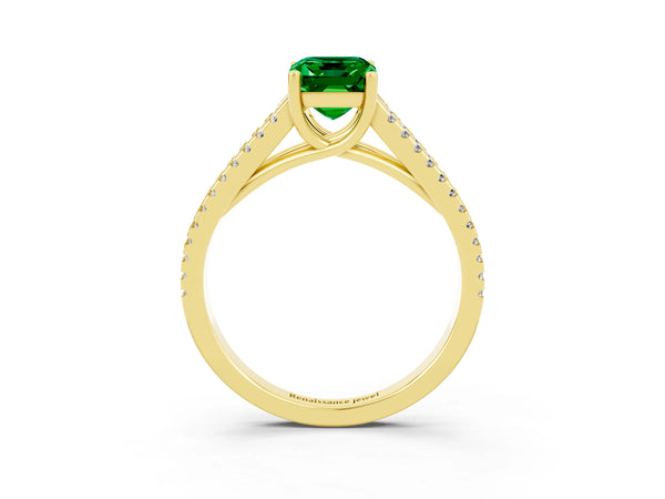 Yellow gold Emerald Cut Emerald Solitaire Engagement Ring with Split Shank Pavé Band