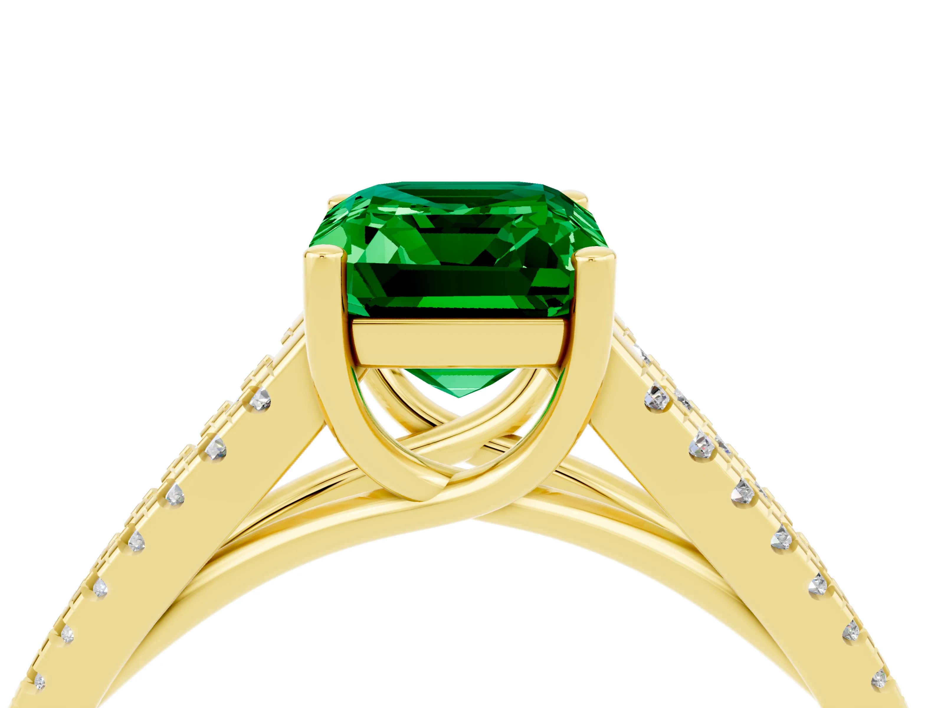 Yellow gold Emerald Cut Emerald Solitaire Engagement Ring with Split Shank Pavé Band_4