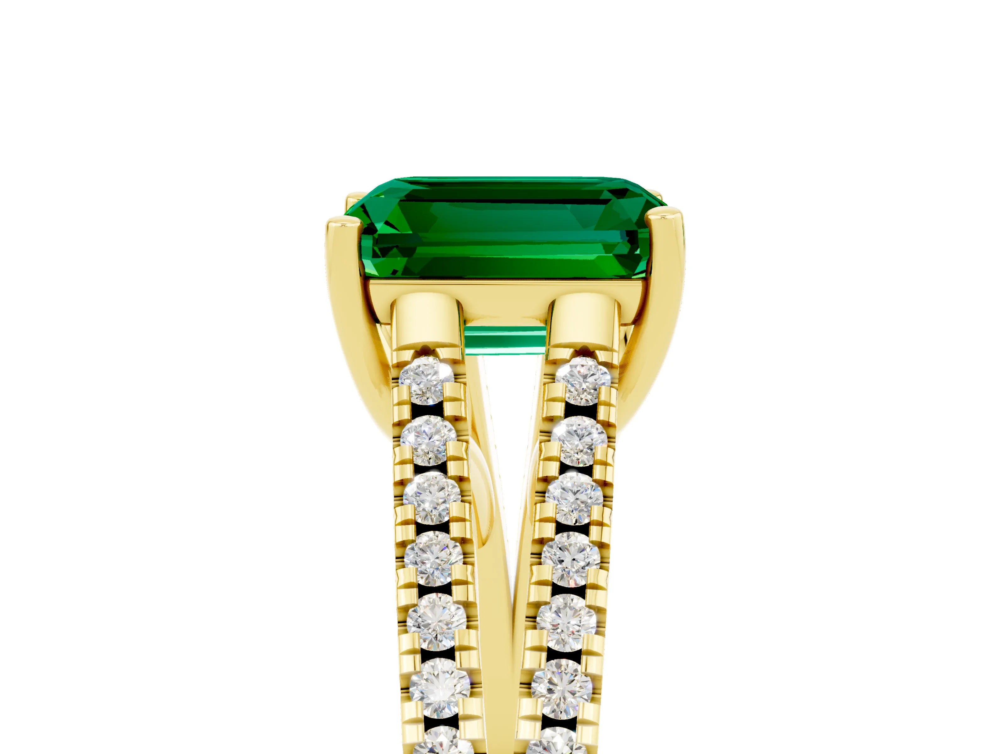 Yellow gold Emerald Cut Emerald Solitaire Engagement Ring with Split Shank Pavé Band_5