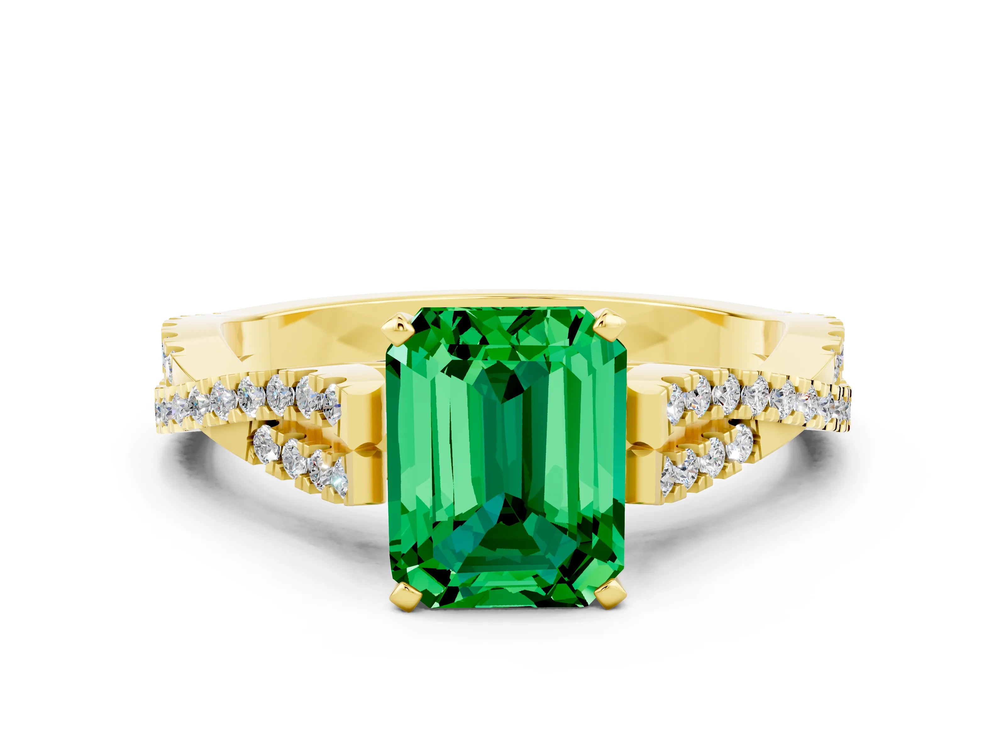Yellow gold Emerald Cut Emerald Solitaire Engagement Ring with Twisted Pavé Band and Four-Prong Setting