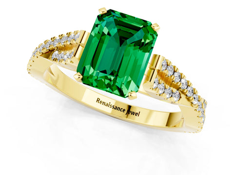 Yellow gold Emerald Cut Emerald Solitaire Engagement Ring with Twisted Pavé Band and Four-Prong Setting_1