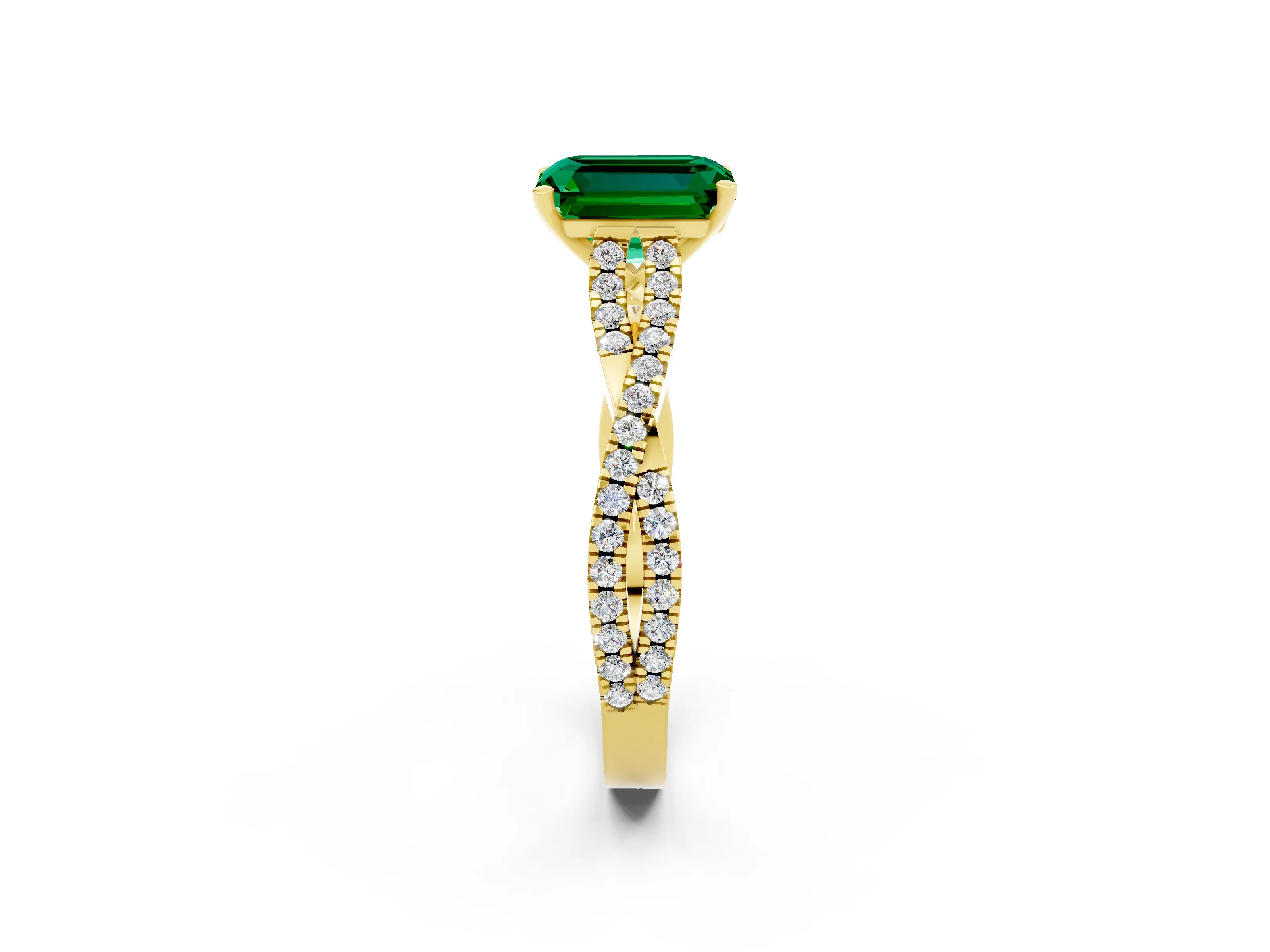Yellow gold Emerald Cut Emerald Solitaire Engagement Ring with Twisted Pavé Band and Four-Prong Setting_2