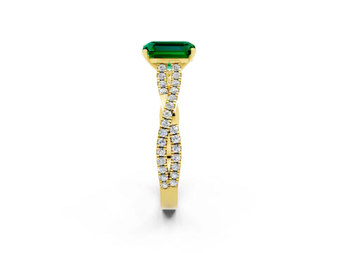 Yellow gold Emerald Cut Emerald Solitaire Engagement Ring with Twisted Pavé Band and Four-Prong Setting_2