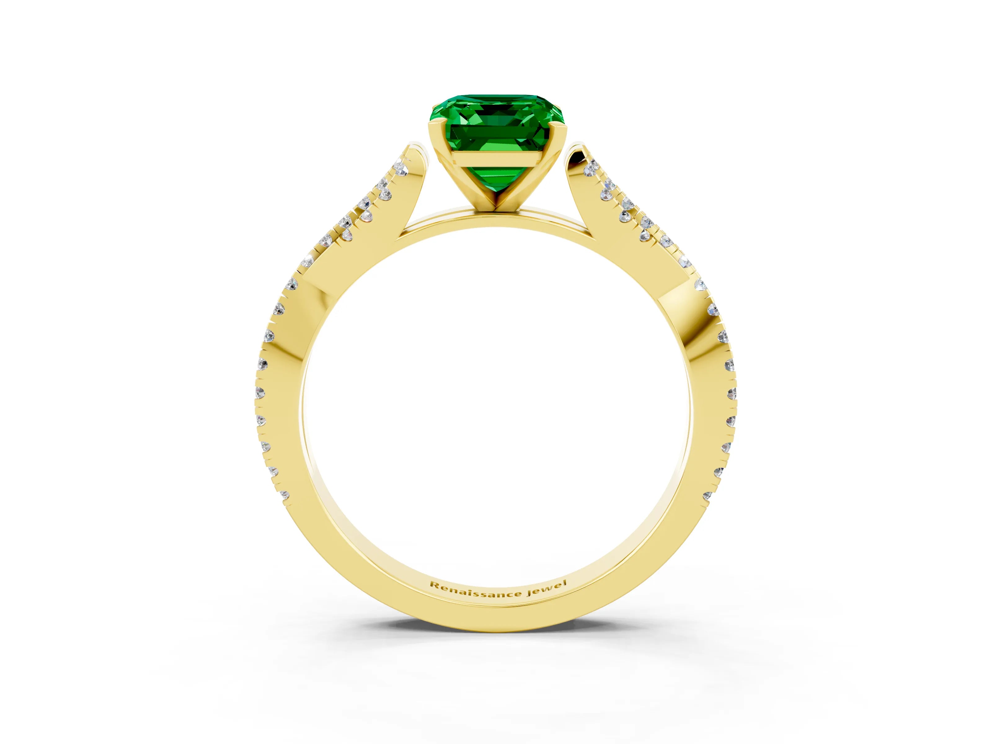 Yellow gold Emerald Cut Emerald Solitaire Engagement Ring with Twisted Pavé Band and Four-Prong Setting_3