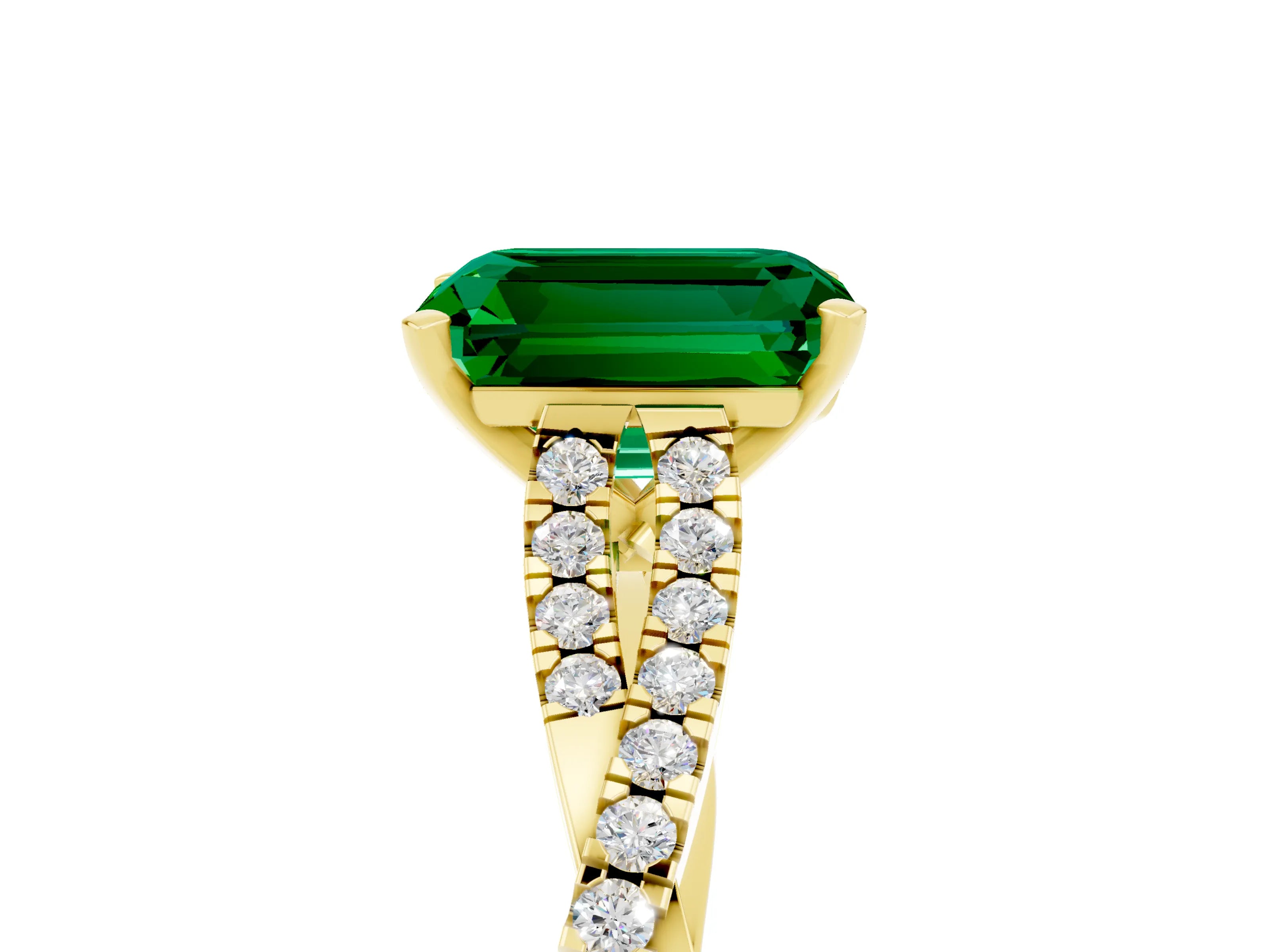Yellow gold Emerald Cut Emerald Solitaire Engagement Ring with Twisted Pavé Band and Four-Prong Setting_5