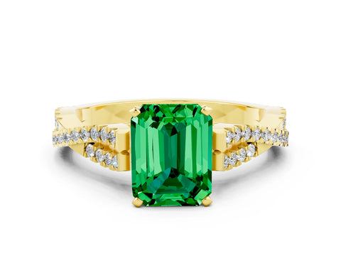 Yellow gold Emerald Cut Emerald Solitaire Engagement Ring with Twisted Pavé Band and Four-Prong Setting