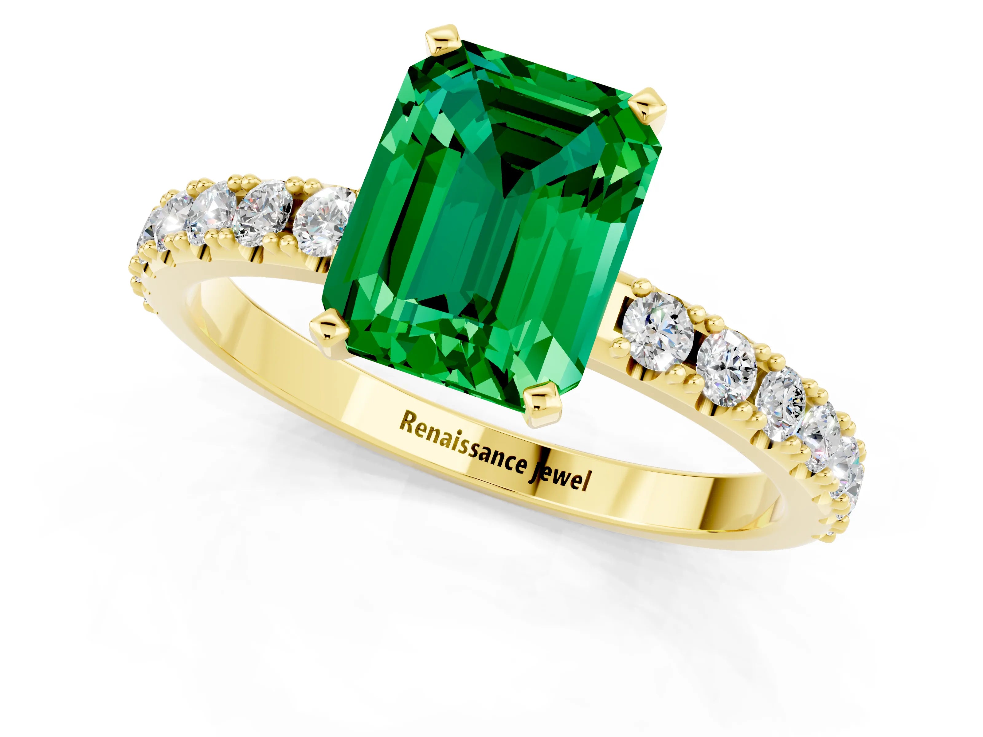 Yellow gold Emerald Cut Emerald Solitaire Pavé Band with Four-Prong Setting_1