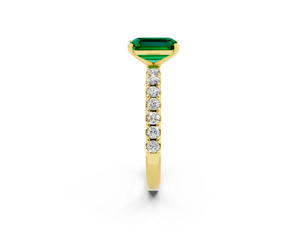 Yellow gold Emerald Cut Emerald Solitaire Pavé Band with Four-Prong Setting