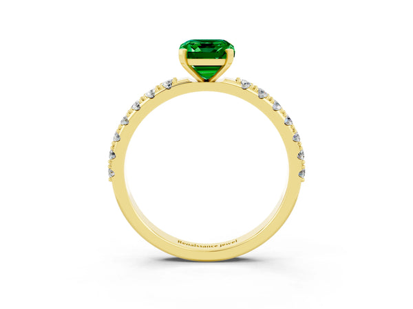 Yellow gold Emerald Cut Emerald Solitaire Pavé Band with Four-Prong Setting