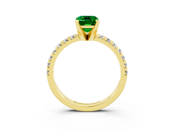 Yellow gold Emerald Cut Emerald Solitaire Pavé Engagement Ring with Round Band and Prong Setting
