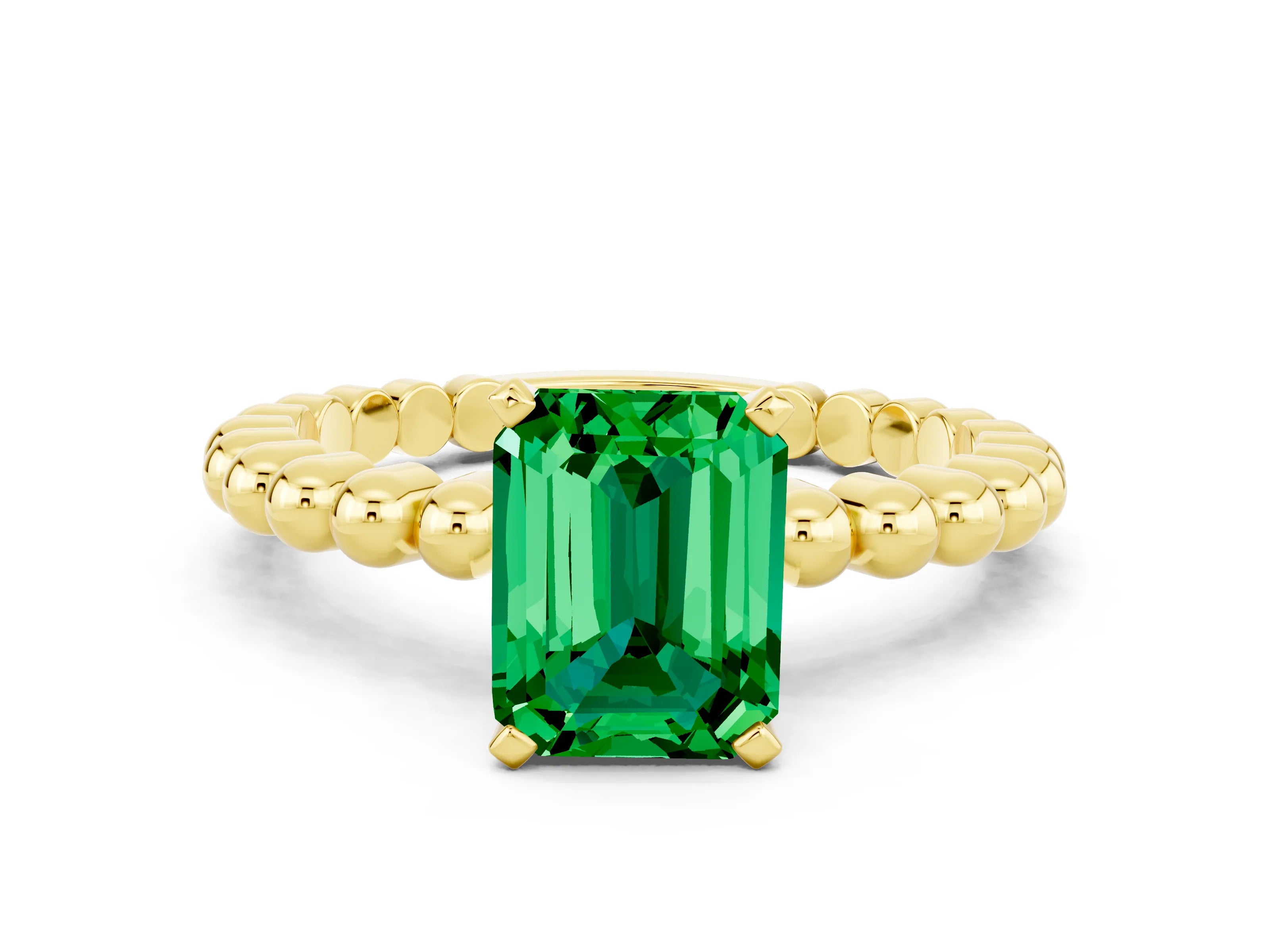 Yellow gold Emerald Cut Emerald Solitaire Ring with Beaded Band and Prong Setting