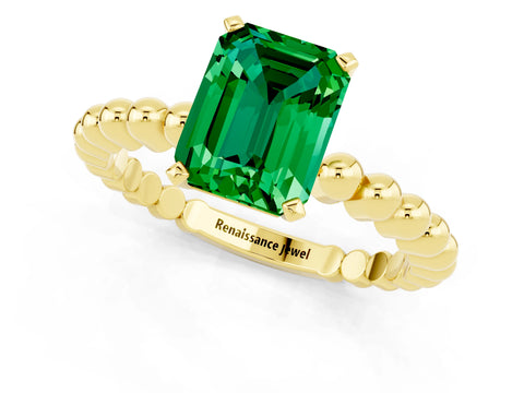 Yellow gold Emerald Cut Emerald Solitaire Ring with Beaded Band and Prong Setting_1