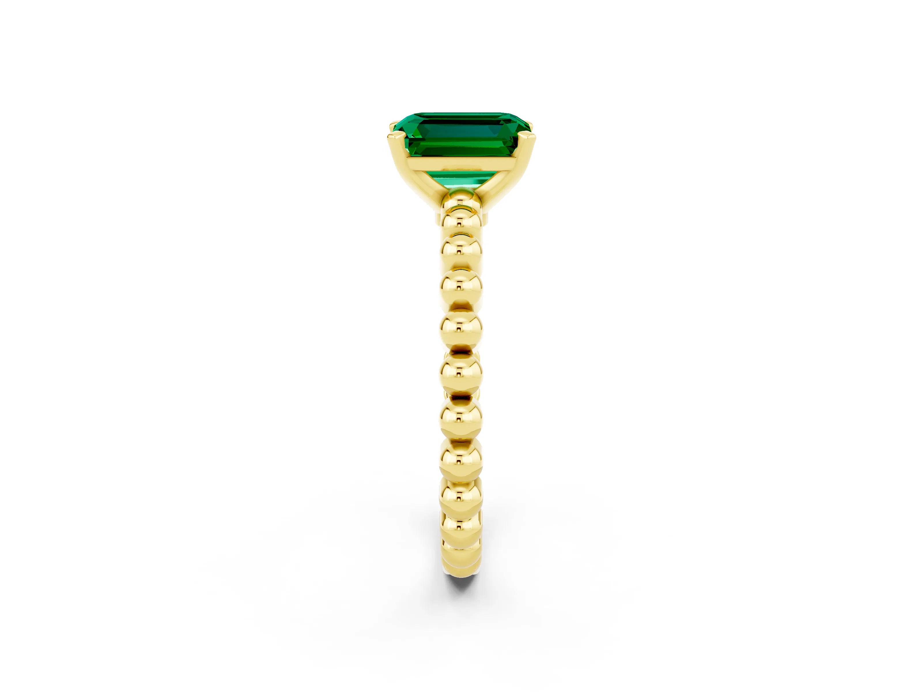 Yellow gold Emerald Cut Emerald Solitaire Ring with Beaded Band and Prong Setting_2