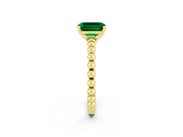 Yellow gold Emerald Cut Emerald Solitaire Ring with Beaded Band and Prong Setting