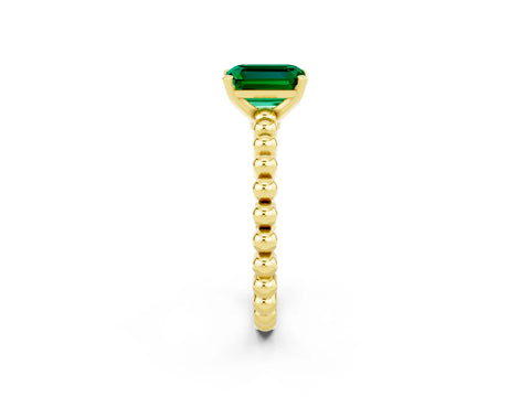 Yellow gold Emerald Cut Emerald Solitaire Ring with Beaded Band and Prong Setting_2