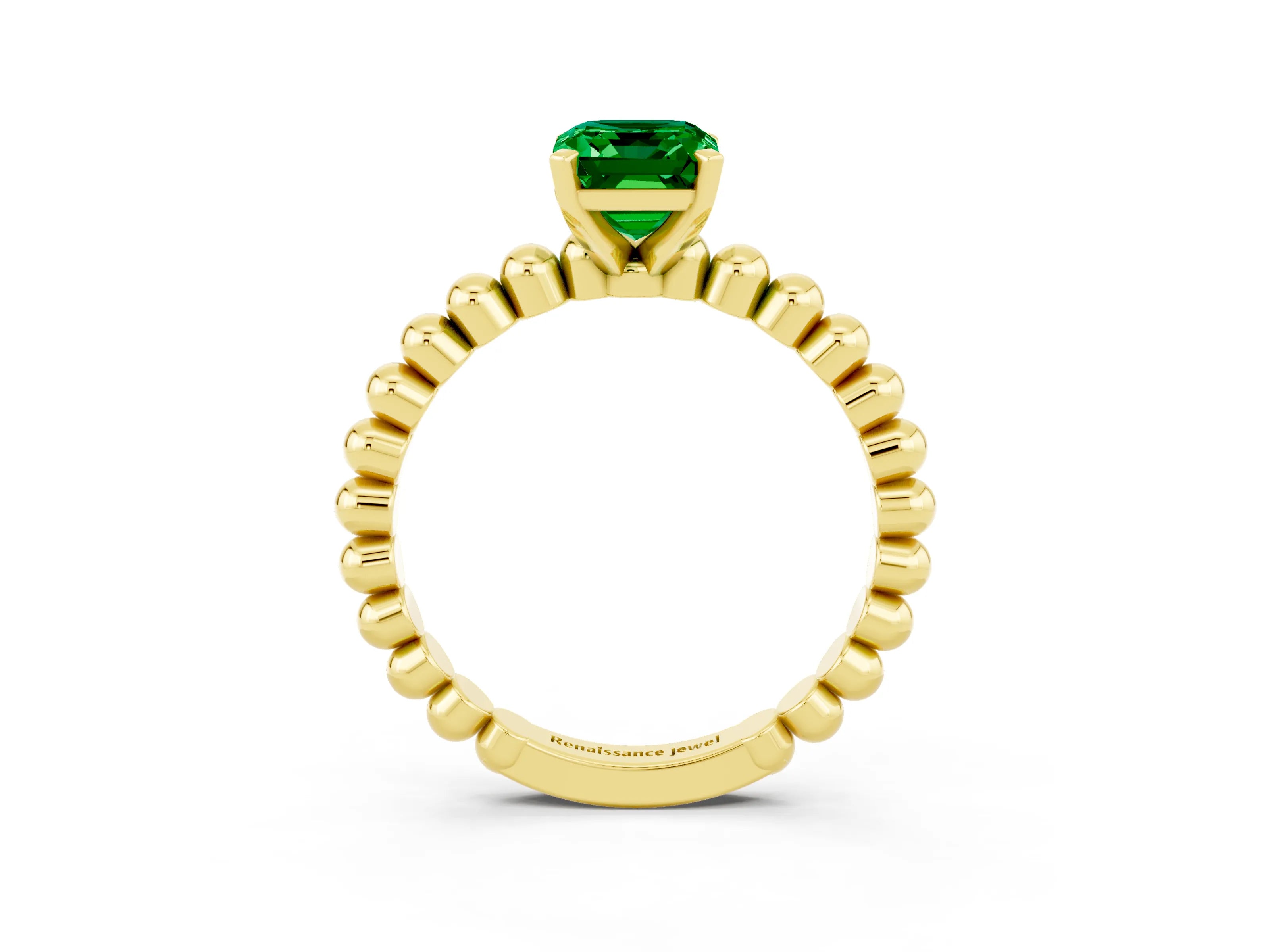 Yellow gold Emerald Cut Emerald Solitaire Ring with Beaded Band and Prong Setting_3