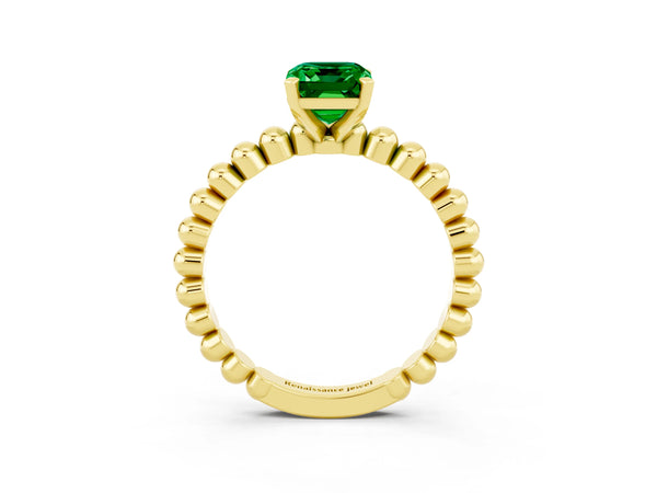 Yellow gold Emerald Cut Emerald Solitaire Ring with Beaded Band and Prong Setting
