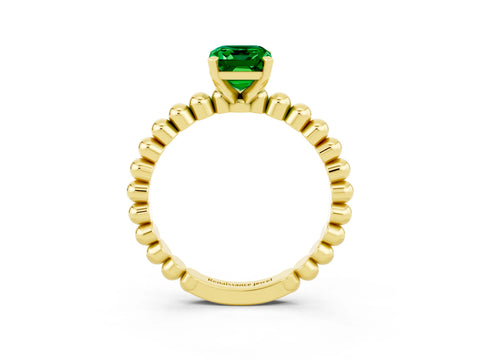 Yellow gold Emerald Cut Emerald Solitaire Ring with Beaded Band and Prong Setting_3