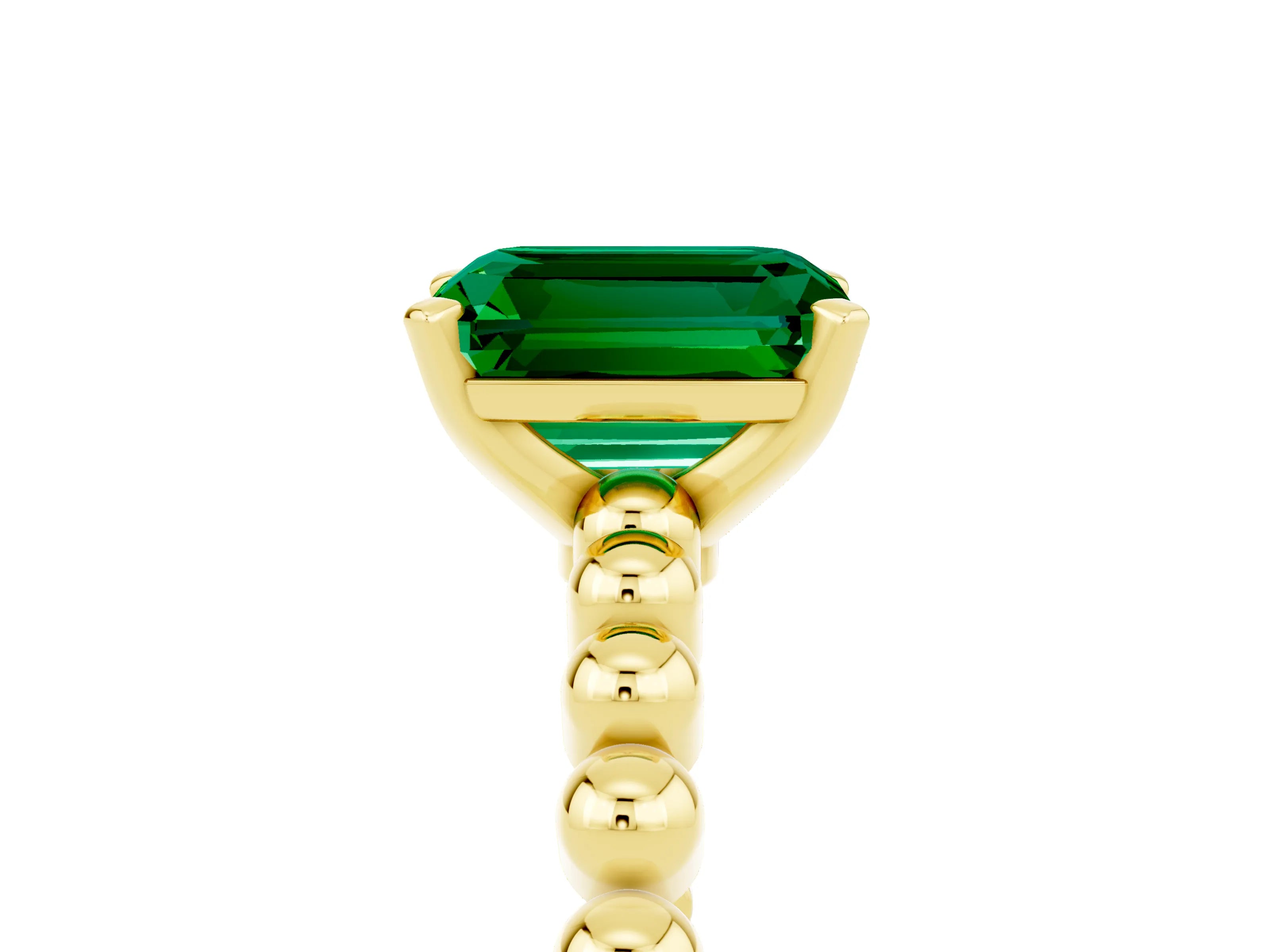 Yellow gold Emerald Cut Emerald Solitaire Ring with Beaded Band and Prong Setting_5