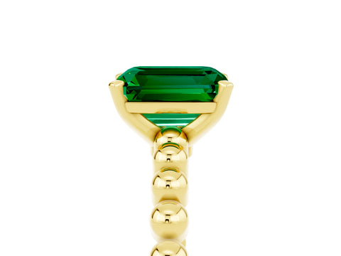 Yellow gold Emerald Cut Emerald Solitaire Ring with Beaded Band and Prong Setting_5
