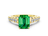 Yellow gold Emerald Cut Emerald Solitaire Ring with Cathedral Setting and Pavé Band
