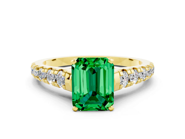 Yellow gold Emerald Cut Emerald Cathedral Solitaire Ring with Round  Pavé Band
