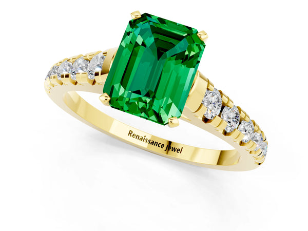 Yellow gold Emerald Cut Emerald Cathedral Solitaire Ring with Round  Pavé Band