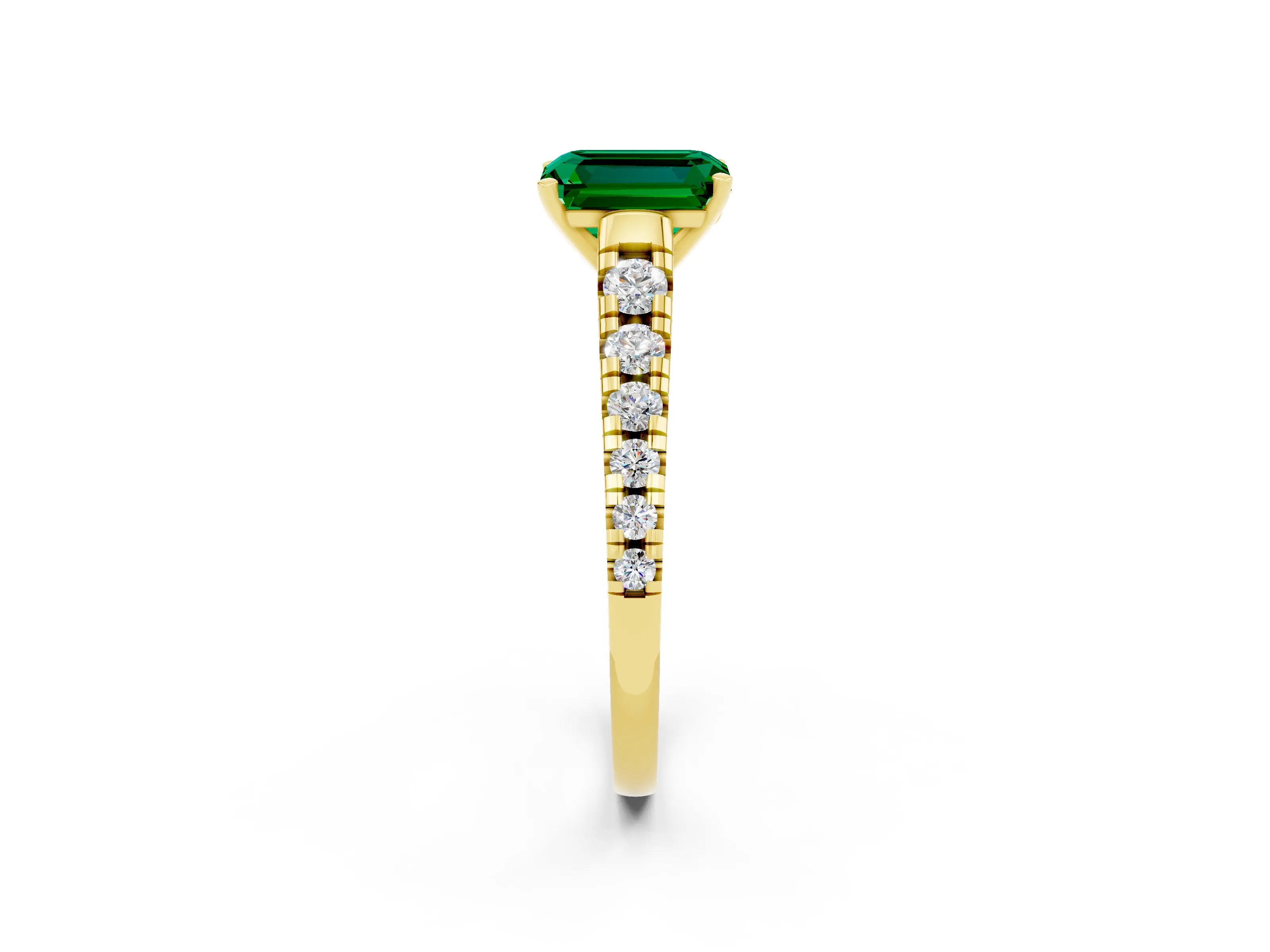 Yellow gold Emerald Cut Emerald Solitaire Ring with Cathedral Setting and Pavé Band_2