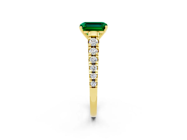 Yellow gold Emerald Cut Emerald Cathedral Solitaire Ring with Round  Pavé Band