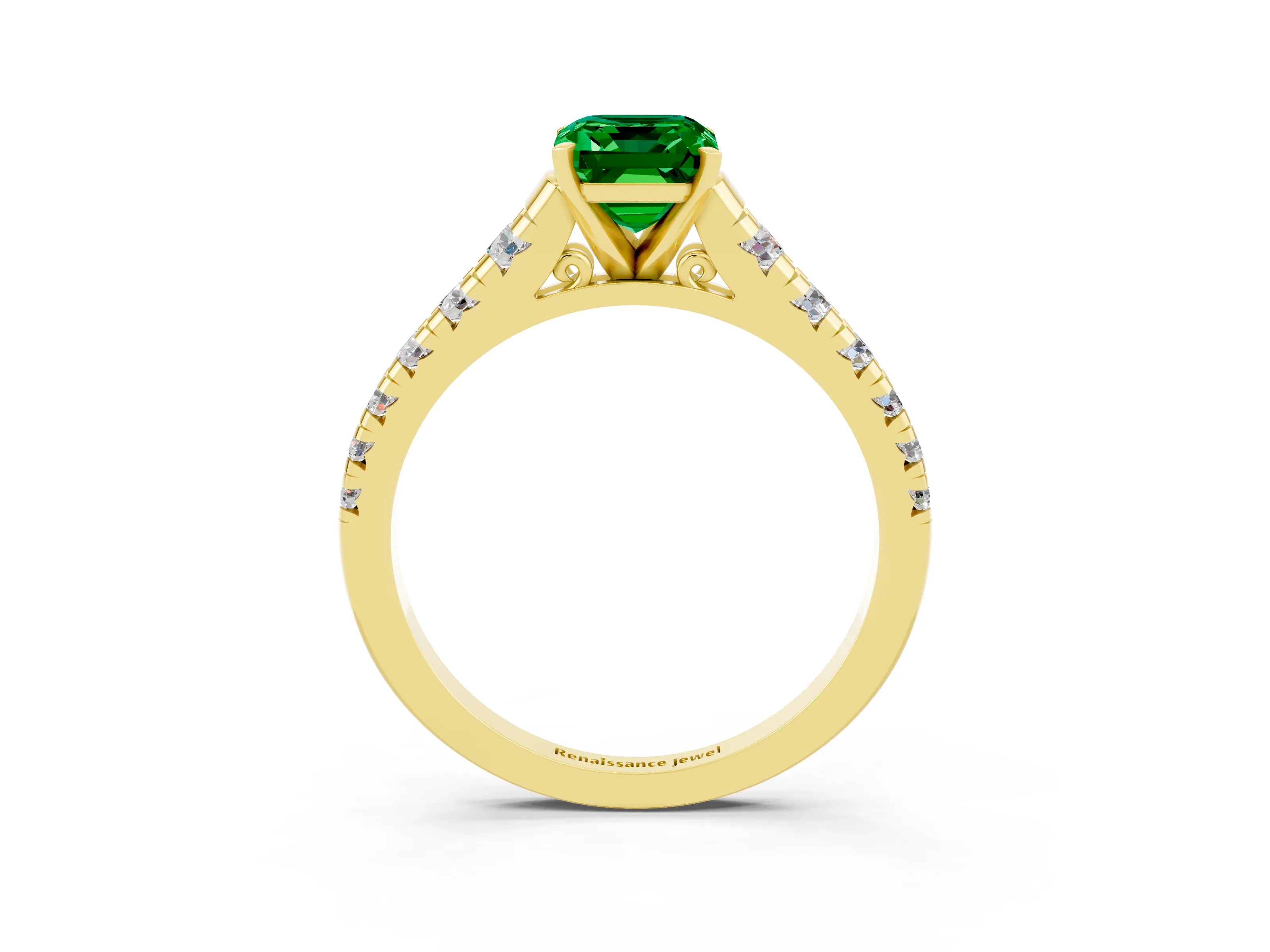 Yellow gold Emerald Cut Emerald Solitaire Ring with Cathedral Setting and Pavé Band_3