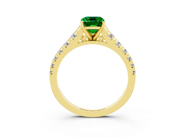 Yellow gold Emerald Cut Emerald Cathedral Solitaire Ring with Round  Pavé Band