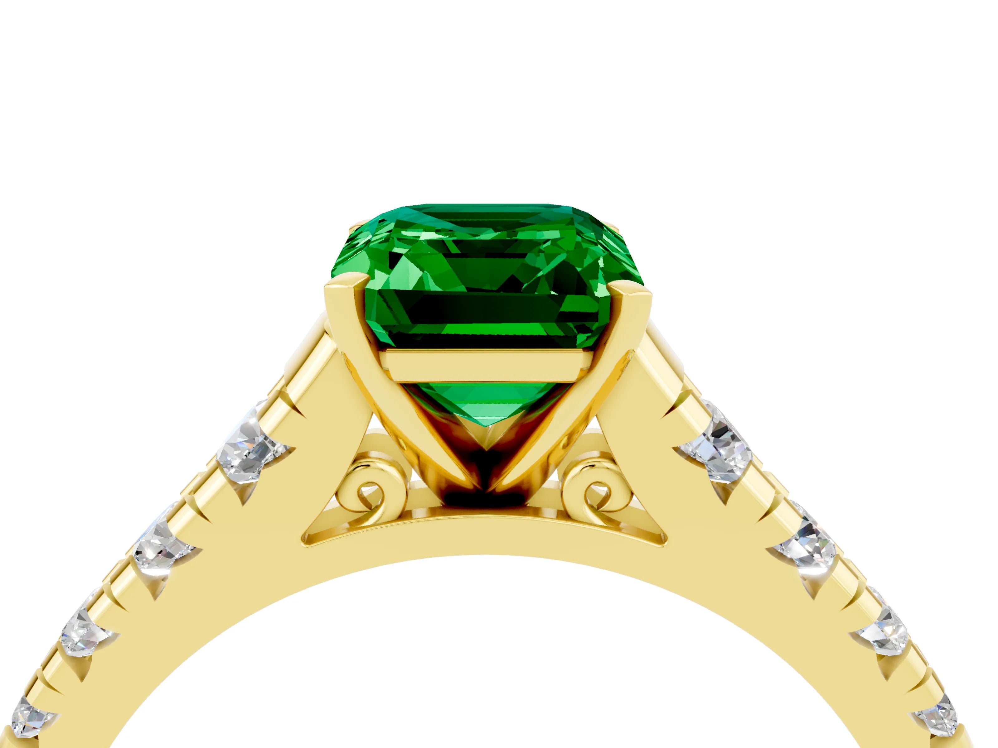Yellow gold Emerald Cut Emerald Solitaire Ring with Cathedral Setting and Pavé Band_4