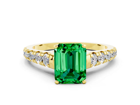 Yellow gold Emerald Cut Emerald Solitaire Ring with Cathedral Setting and Pavé Band