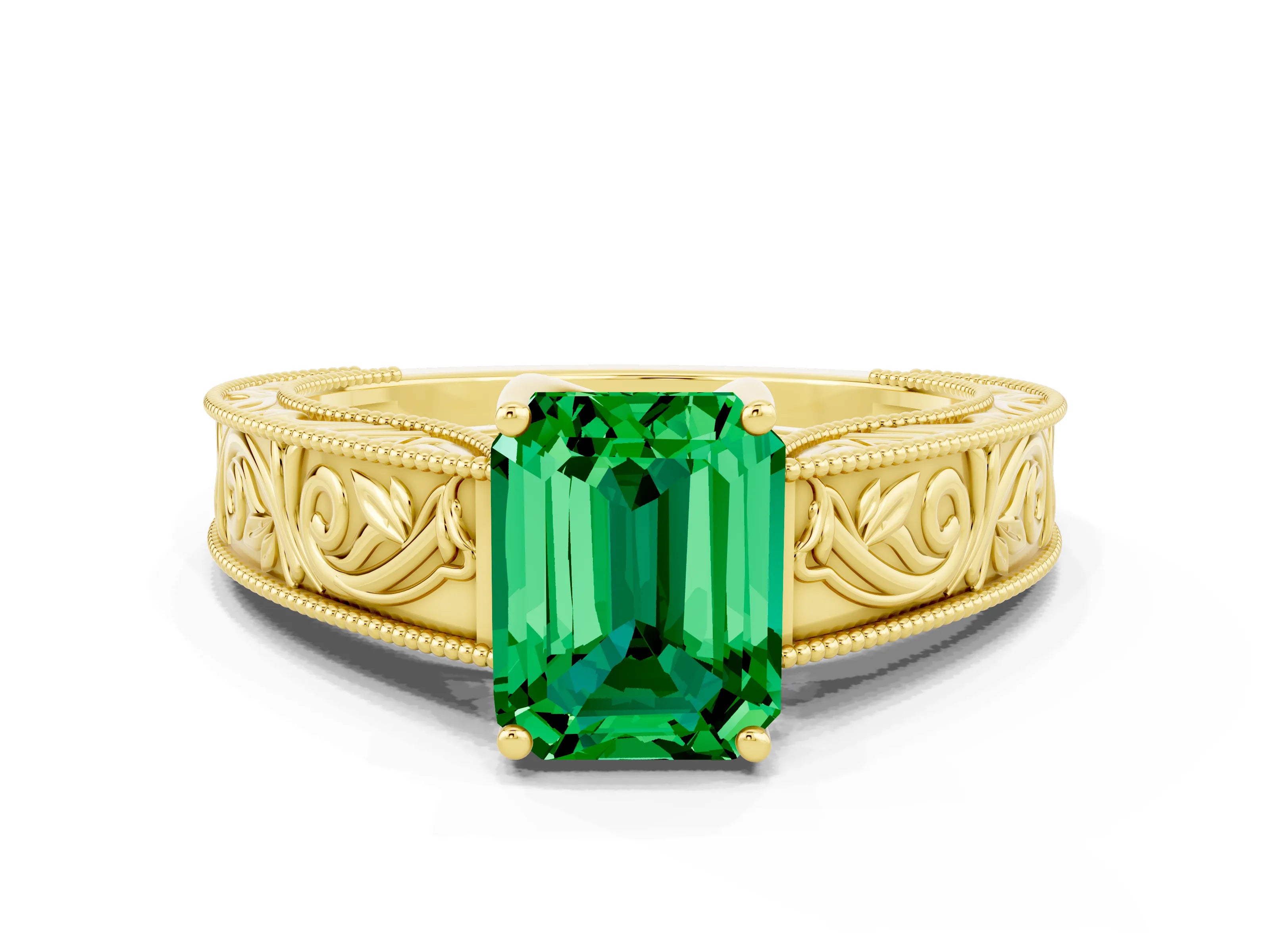 Yellow gold Emerald Cut Emerald Solitaire Ring with Engraved Band and Four-Prong Setting