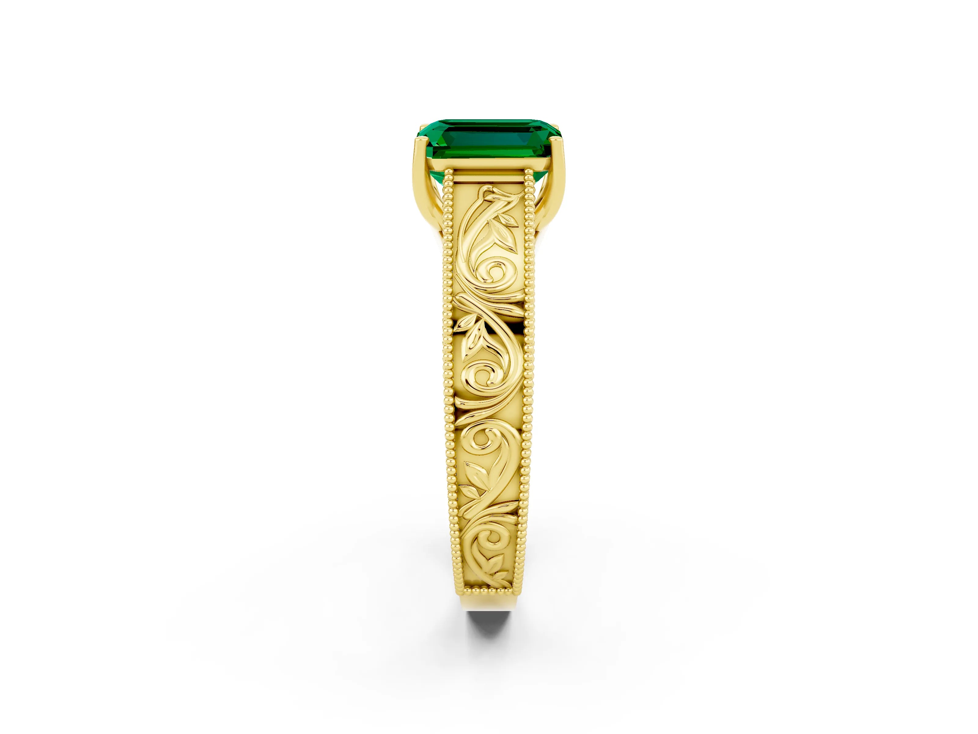 Yellow gold Emerald Cut Emerald Solitaire Ring with Engraved Band and Four-Prong Setting_2