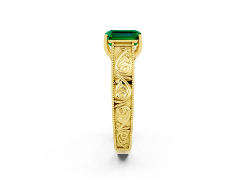 Yellow gold Emerald Cut Emerald Solitaire Ring with Engraved Band and Four-Prong Setting_2