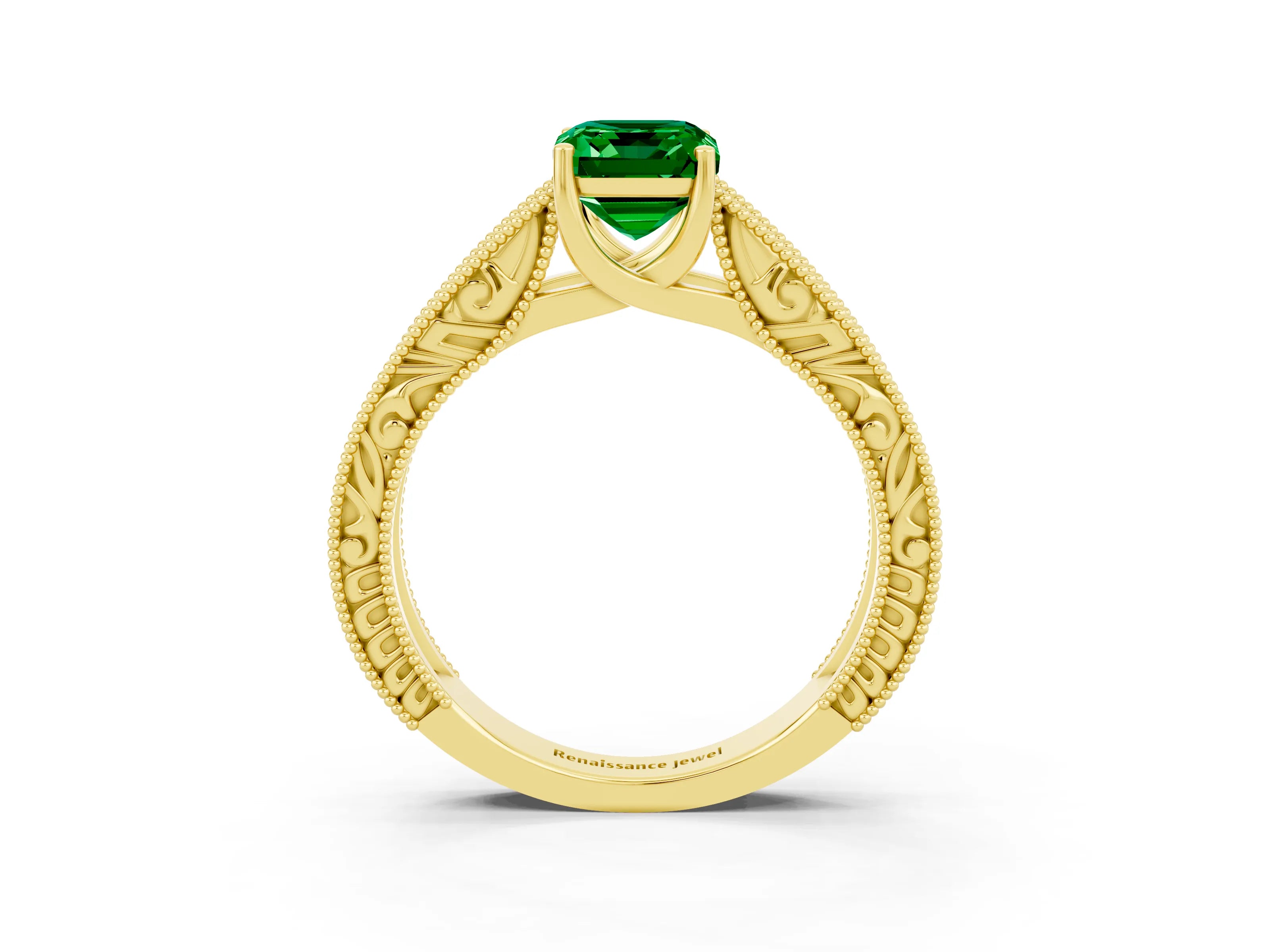Yellow gold Emerald Cut Emerald Solitaire Ring with Engraved Band and Four-Prong Setting_3