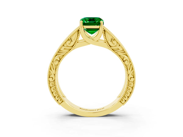 Yellow gold Emerald Cut Emerald Solitaire Ring with Engraved Band and Four-Prong Setting