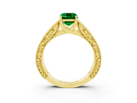 Yellow gold Emerald Cut Emerald Solitaire Ring with Engraved Band and Four-Prong Setting_3