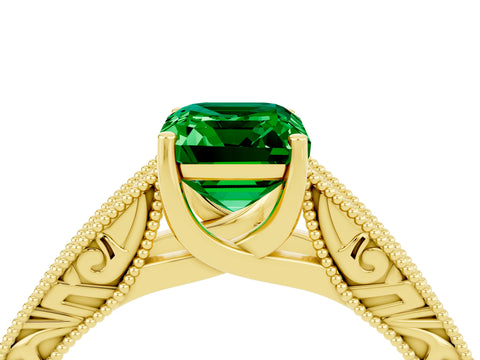 Yellow gold Emerald Cut Emerald Solitaire Ring with Engraved Band and Four-Prong Setting_4