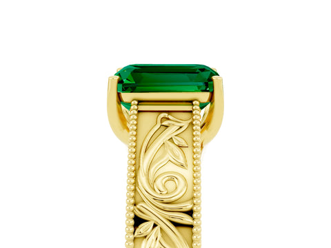 Yellow gold Emerald Cut Emerald Solitaire Ring with Engraved Band and Four-Prong Setting_5