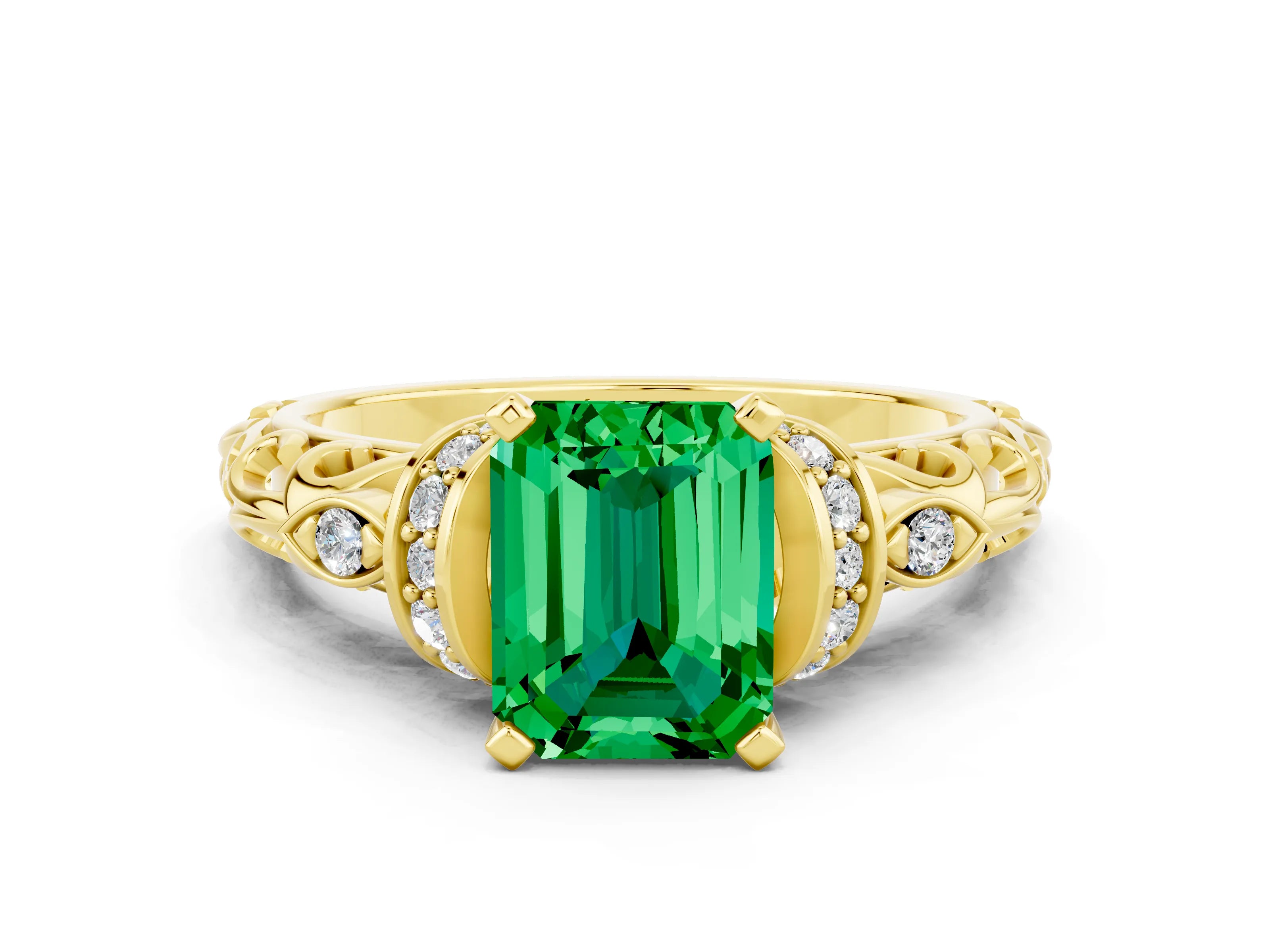 Yellow gold Emerald Cut Emerald Solitaire Ring with Filigree Band and Four-Prong Setting_24