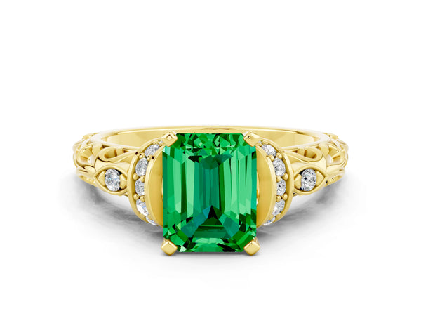 Yellow gold Emerald Cut Emerald Solitaire Ring with Filigree Band and Four-Prong Setting