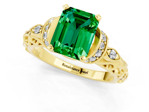Yellow gold Emerald Cut Emerald Solitaire Ring with Filigree Band and Four-Prong Setting_25