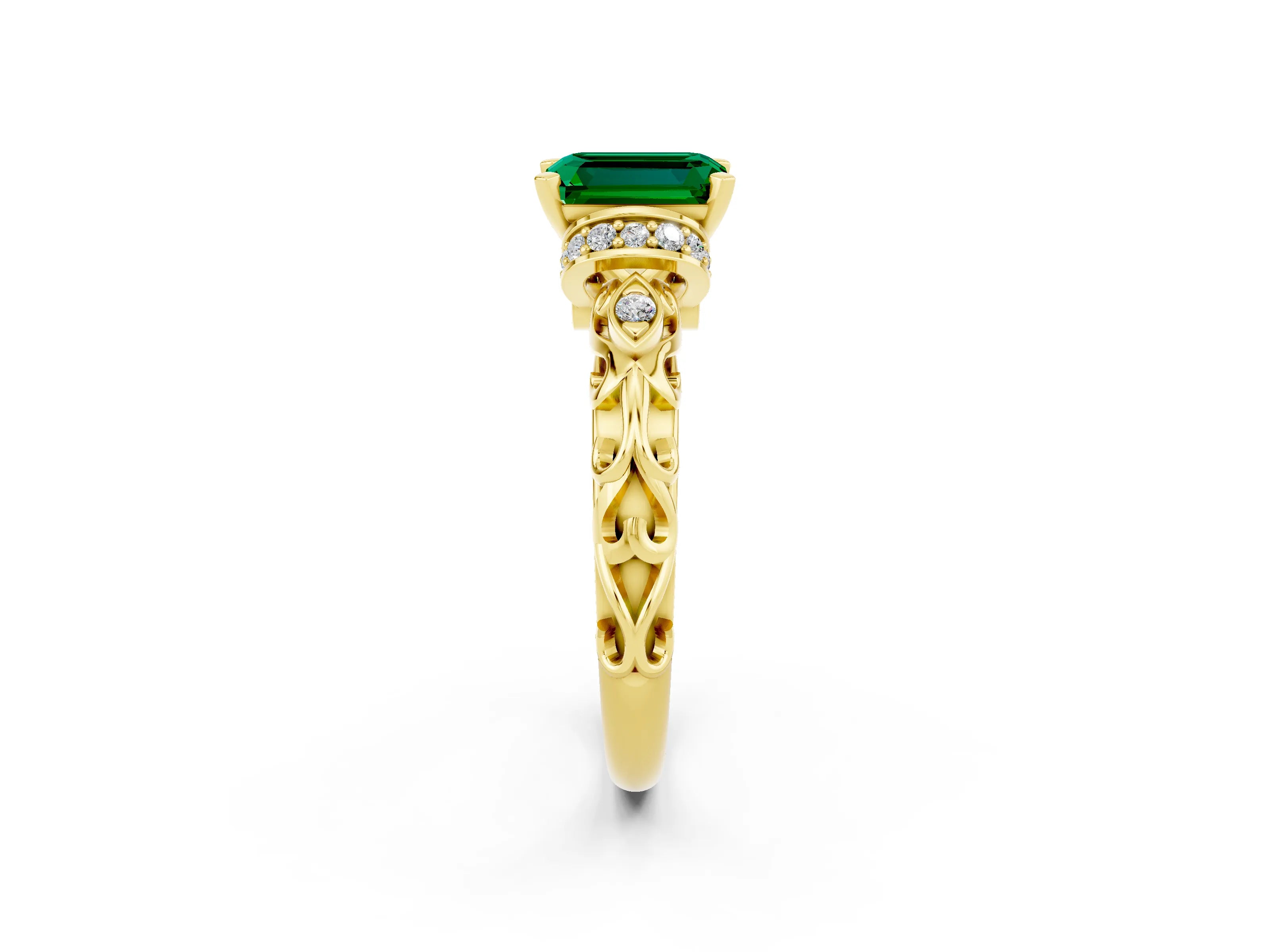 Yellow gold Emerald Cut Emerald Solitaire Ring with Filigree Band and Four-Prong Setting_26
