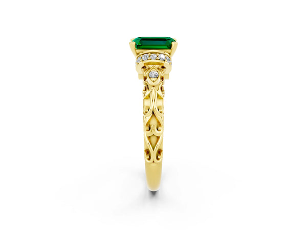 Yellow gold Emerald Cut Emerald Solitaire Ring with Filigree Band and Four-Prong Setting