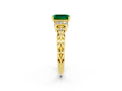 Yellow gold Emerald Cut Emerald Solitaire Ring with Filigree Band and Four-Prong Setting_26
