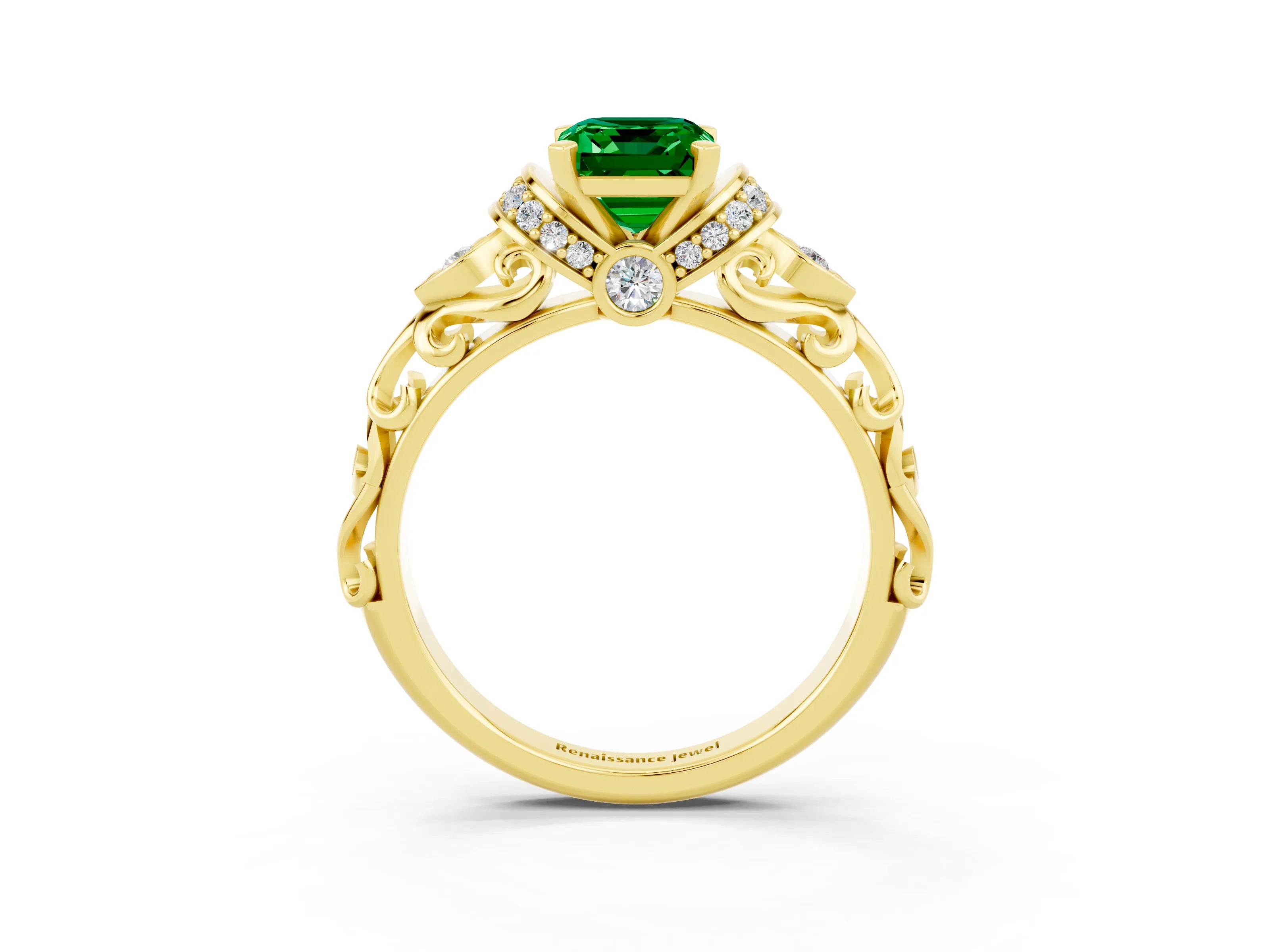Yellow gold Emerald Cut Emerald Solitaire Ring with Filigree Band and Four-Prong Setting_27