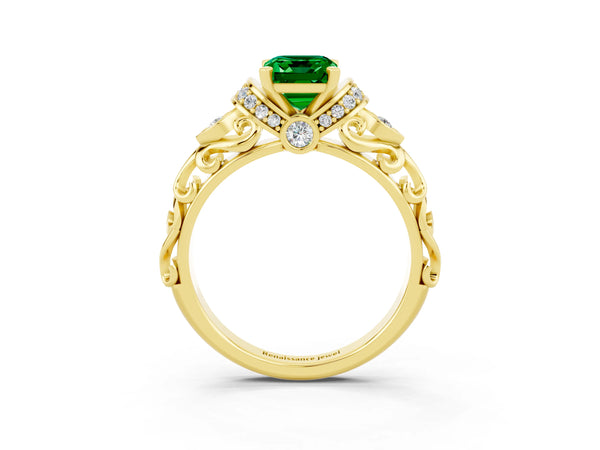 Yellow gold Emerald Cut Emerald Solitaire Ring with Filigree Band and Four-Prong Setting