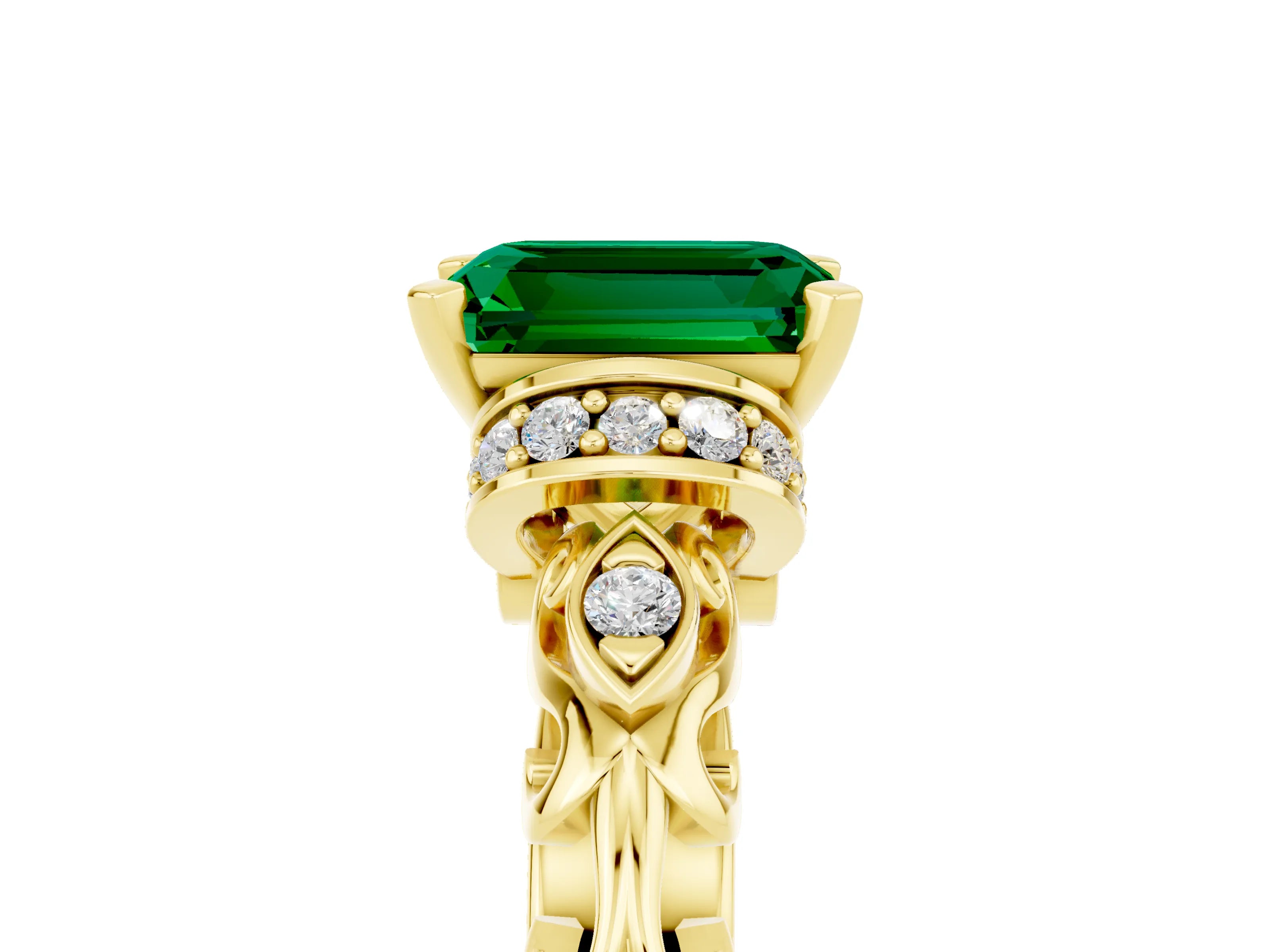 Yellow gold Emerald Cut Emerald Solitaire Ring with Filigree Band and Four-Prong Setting_29
